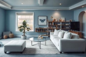 Light blue living room with blue painted ceiling and light blue carpet